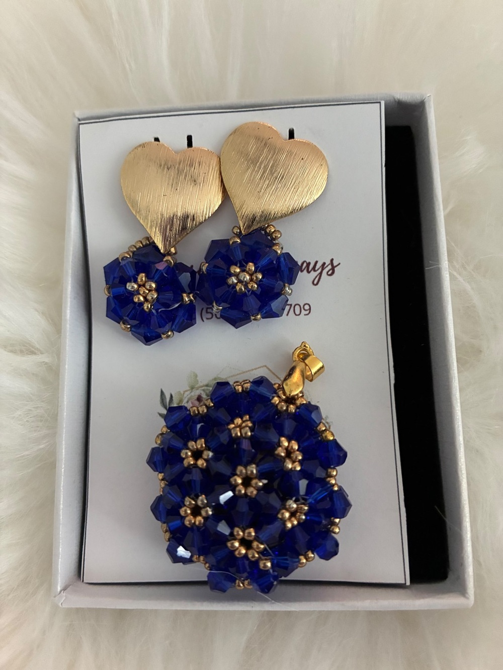 Gold Heart Earrings with Cobalt Blue Crystal Cluster Drops
